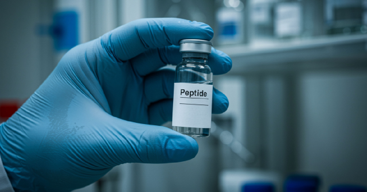 A gloved hand holding a vial labeled _Peptide_ in a laboratory setting, representing peptide therapy in Austin, TX, with shelves of other vials and medical supplies blurred in the background.